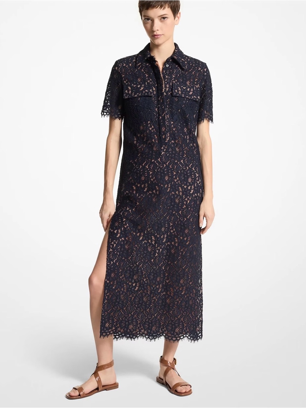 Michael Kors Collection Navy Lace Shirt Midi Dress